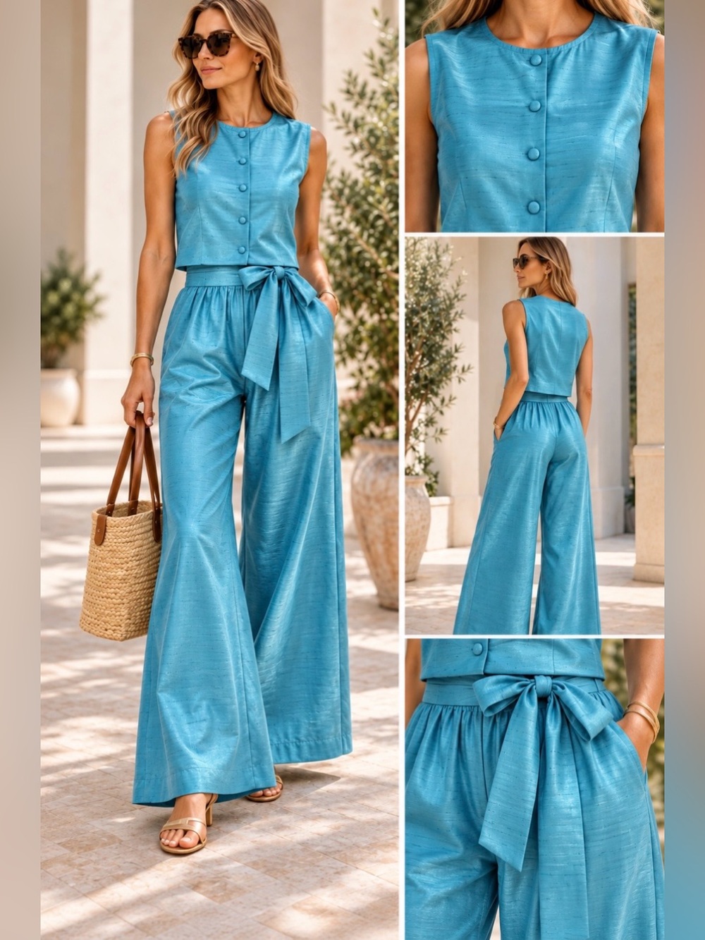 Julia Amory Blair Top (Sz S) + Obi Pants (Sz XS) Set Ocean Blue Silk Belted